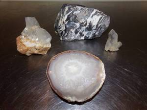 lot 43 image: Zebra Rock, Raw Clear Quartz Crystals, and Agate Geode