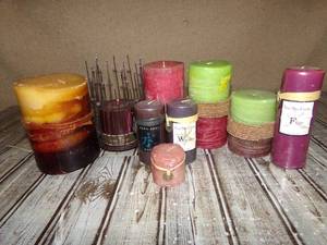 lot 137 image: Purple, Pink and Green Candle Assortment With Metal Holder