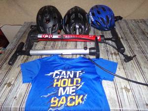 lot 147 image: Bicycle Helmets, Back & Air Attack Air Pumps, & Under Armour Tee
