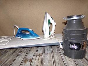 lot 155 image: Garbage Disposal, Ironing Board & 2 Electric Irons