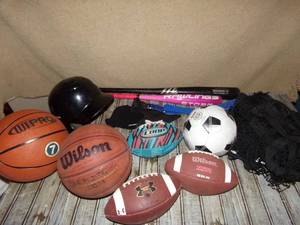 lot 162 image: Sporting Goods- Volley Ball Net, Baseball Helmets, Assorted Balls & Bats