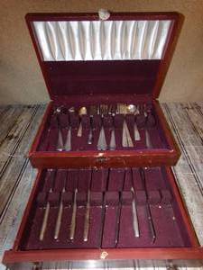 lot 176 image: Stainless Steel & Plated Flatware With Vintage Case With Drawers
