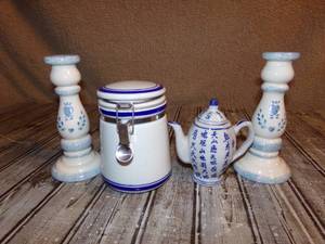 lot 191 image: White & Blue Porcelain Tea Pot, Candle Stick Holders & Cookie Jar