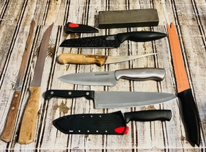 lot 236 image: Knife Assortment for Kitchen & Other Purposes with WhetStone Knife Sharpener