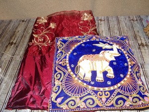 lot 258 image: Embroidered Beaded Elephant Pillow With Long Maroon Curtain with Gold Accents 92 x 48