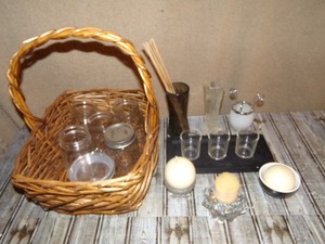 lot 260 image: Assorted Glasses, Candle Holders & Wicker Baskets
