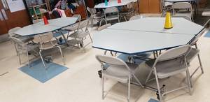 lot 47 image: Lot of 2 Folding & Rolling Cafeteria Tables & 12 Chairs (Buyers Choice of Chairs)