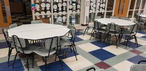 lot 47 image: Lot of 2 Folding & Rolling Cafeteria Tables w 8 Chairs Each
