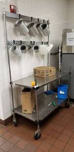 lot 17 image: Metro Stainless Steel Adjustable Shelf Rolling Prep Table w Hanging Racks, 48 x 24 x 80