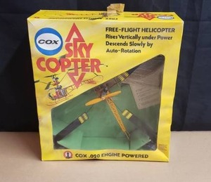 lot 3 image: Vintage 1974 Cox Sky Copter Free Flight Helicopter with .020cc Engine with Original Box