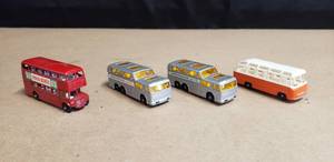 lot 127 image: Lot of 4 Vintage Matchbox Buses - Routemaster Bus No.5, Coach No. 66, Coach No. 66, & Mercedes Coach No. 68