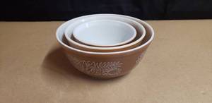 lot 137 image: Lot of 3 Vintage Woodland Brown Flowers Pyrex Bowls - Models 401, 402, & 403