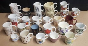lot 144 image: Lot of 28 Misc Coffee Cups & Mugs, Starbucks, Starbucks, Hersheys & More