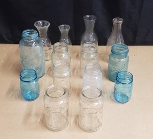 lot 201 image: Lot of 14 Glass Mason, Milk & Carafe Bottles Including Planters, Ball, Atlas, Paul Masson & More