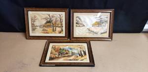 lot 233 image: Lot of 3 Vintage Framed Japanese Hand-Stitched Tapestries