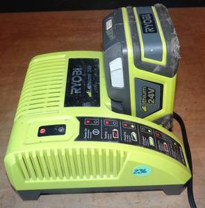 lot 236 image: RYOBI OP140 24 Volt Lithium-Ion Charger w One Ryobi OP242 24 Volt Lithium Battery $$$