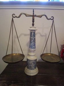 lot 4 image: VINTAGE PORCELAIN &amp BRASS SCALE, ROUGHLY 26 TALL