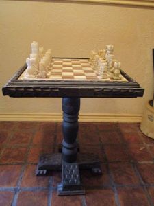 lot 3 image: VINTAGE MARBLE CHESS SET, WOODEN STANDING GAMEBOARD, CHESSBOARD AND PIECES ARE MARBLE, CHESS PIECES COME IN WOODEN FOLDING CHESS BOARD