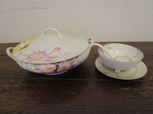 lot 37 image: 1920S NORITAKE HAND PAINTED IN JAPAN AZALEA&nbsp COVERED SERVING DISH, NORTAKE HAND PAINTED IN JAPAN FOOTED BOWL WITH LADLE.