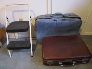 lot 66 image: COSCO STEP LADDER, VINTAGE AMERICAN TOURISTER BROWN SUITCASE, VINTAGE BLUE SUITCASE.&nbsp