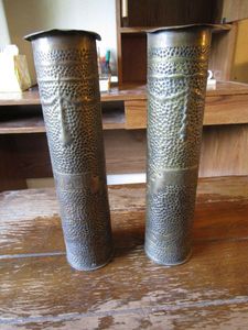 lot 88 image: 2 VINTAGE ART DECO TRENCH ART, 75mm CASINGS FROM WWI MANUFACTURED 1915