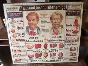 lot 132 image: FRAMED POSTER, ALCOHOL, HERE IS THE ENEMY EFFECTS OF ALCOHOL, IN SPANISH