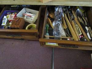 lot 250 image: 2 KITCHEN DRAWERS.. SERVING SPOONS, COOKING UTENSILS, WOOD SKEWERS, BIRTHDAY CANDLES, AND MORE.