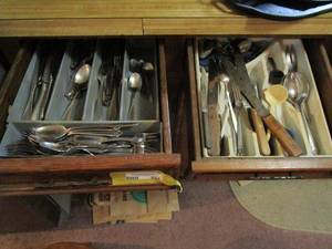 lot 252 image: 2 SILVERWARE DRAWERS.. FILLED WITH MISC SILVERWARE , KNIVES, SERVING UTENNSILS.