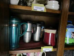 lot 260 image: TRAVEL COFFEE MUGS, CERAMIC PAINTED JAR WITH LID, COCA COLA GLASS DRINKWARE, VINTAGE CERAMIC POT WITH LID.