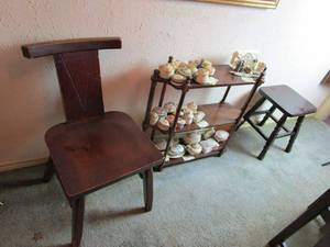 lot 102 image: VINTAGE, POSSIBLY ANTIQUE CHAIR, DISPLAY STAND, FOOT STOOL, CONTENTS ON STAND NOT INCL.