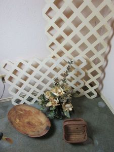 lot 103 image: 2 PIECES OF LATTICE, HAND CARVED LARGE BOWL, FAUX FLOWERS IN PAINTED POT, WICKER BASKET