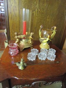 lot 189 image: GLASS CANDLE HOLDER WITH ANGEL BASE, CANDLE SNUFFER, GLASS TEALIGHT HOLDERS, SMALL METAL ANGEL, AND MORE CANDLE DECOR