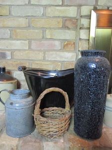 lot 206 image: METAL BUCKET WITH HANDLE, WICKER BASKET, MOSIAC VASE, TIN JUG