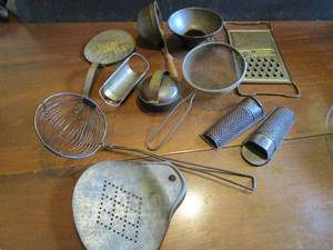 lot 306 image: ANTIQUEVINTAGE WHISK, GRATERS, SIFTER