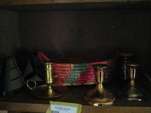 lot 354 image: VINTAGE TARNISH RESISTANT BRASS CANDLE HOLDERS, WICKER BASKET