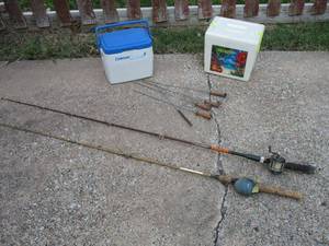 lot 365 image: VINTAGE FISHING POLES, MILLIONARE 530 &amp KODIAK FIBERGLASS, COLEMAN &amp STYROFOAM ICE CHESTS, BBQ SKEWERS