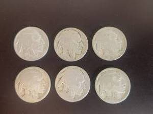 lot 95 image: Selection of 6 Buffalo Nickels, only one has readable date of 1936
