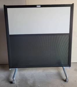 lot 2 image: DOUBLE-SIDED WHITEBOARD  DIVIDER WITH WHEELS.