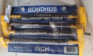 lot 9 image: 6 PIECE BONDHUS T-HANDLE BALLDRIVER HEX TOOLS AS SHOWN.