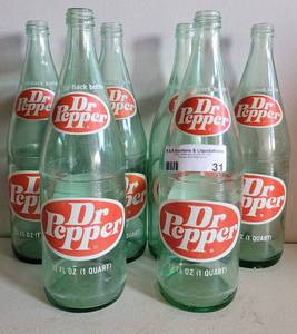 lot 31 image: LOT OF 6 VINTAGE DR. PEPPER 32OZ BOTTLES AS SHOWN.