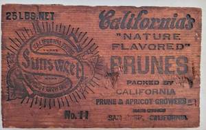 lot 41 image: VINTAGE SUNSWEET PRUNES WOODEN PLAQUE AS SHOWN.