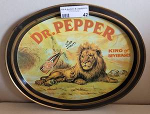 lot 42 image: VINTAGE 1979 DR. PEPPER LION KING OF BEVERAGES OVAL ADVERTISING TIN TRAY AS SHOWN.