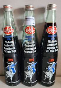 lot 62 image: LOT OF 3 VINTAGE 1975 DR. PEPPER COMMEMORATIVE BOTTLES AS SHOWN.