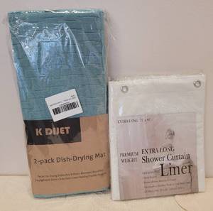 lot 91 image: NEW 2-PACK DISH DRYING MAT AND SHOWER CURTAIN LINER AS SHOWN.
