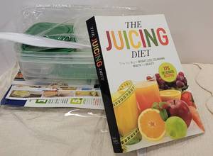 lot 95 image: JUICING BOOK AND FOOD CONTAINERS AS SHOWN.