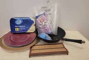 lot 96 image: TABLE CHARGERS, SAUCEPAN, AND MORE AS SHOWN.