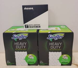 lot 98 image: (2) BOXES OF SWIFFER HD SWEEPING CLOTHS AND (1) PACK OF STRENCO 1 ADHESIVE FASTENER AS SHOWN.