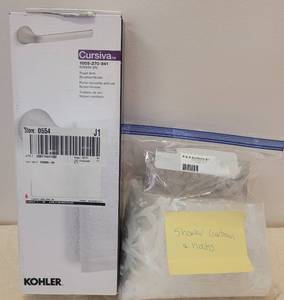 lot 105 image: CURSIVA TOWEL ARM IN BOX PLUS SHOWER CURTAIN AND HOOKS AS SHOWN.