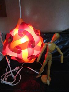 lot 41 image: UNIQUE HANGING LIGHT FROM RENNASSAINCE FAIR &amp SMALL BENDABLE WOOD MANEQUIN FIGURE