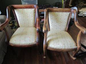 lot 3 image: INCREDIBLE &amp STURDY ANTIQUE STUDDED CHERRY WOOD ROCKING CHAIR W MATCHING ACCENT CHAIR
